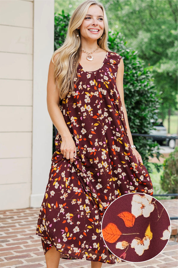 Tender Glow Brown Floral Scoop Neck Maxi