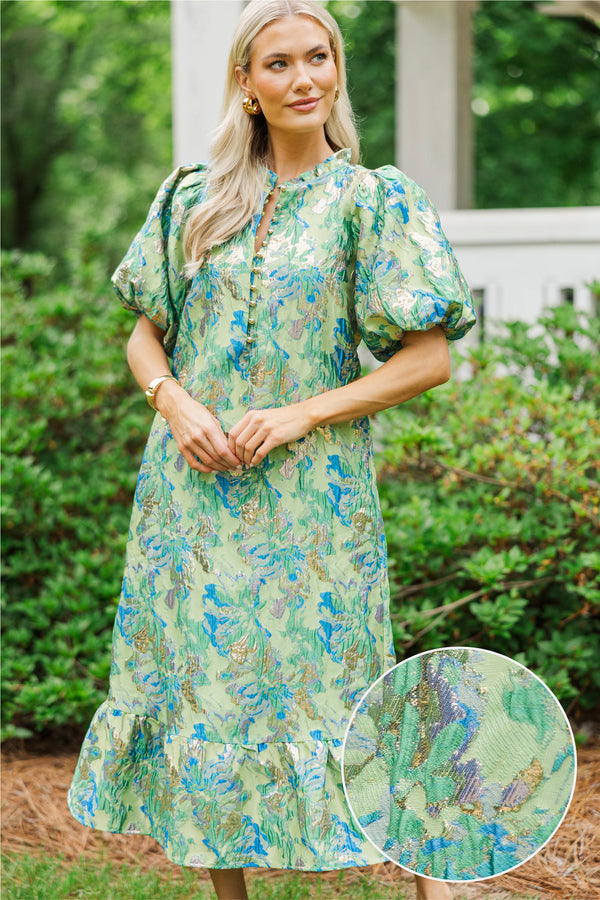 See The Light Green Brocade Midi Dress, Small - The Mint Julep Boutique