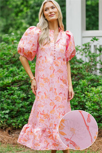 See The Light Pink/Orange Brocade Midi Dress