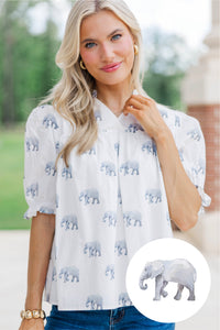 Can't Give You Up White Elephant Print Blouse
