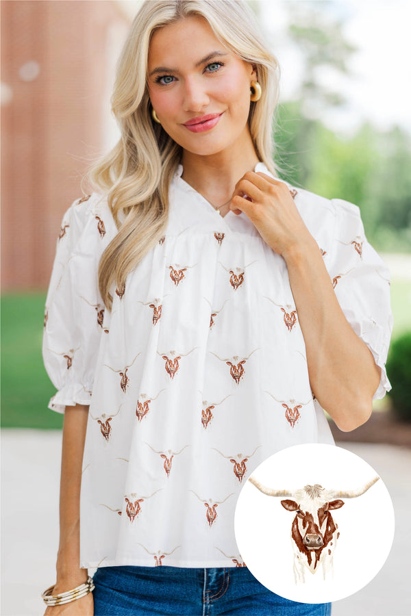 Can't Give You Up White Longhorn Print Blouse