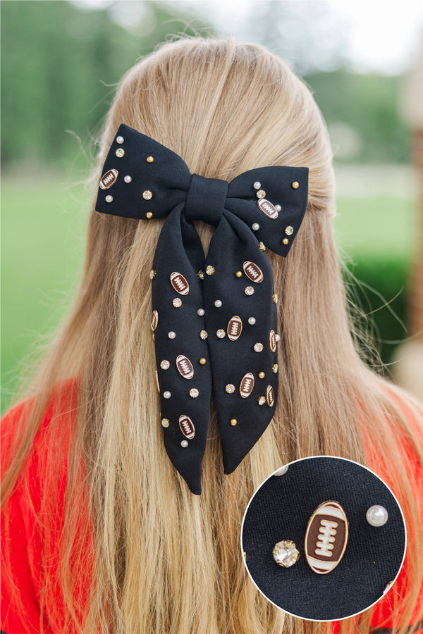 Girls: First Pick Black Football Hair Bow