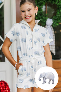 Girls: Off Duty Darling White Scalloped Elephant Romper
