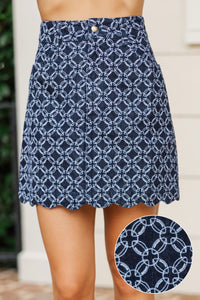 Sweet Victory Navy Football Embroidered Denim Skirt
