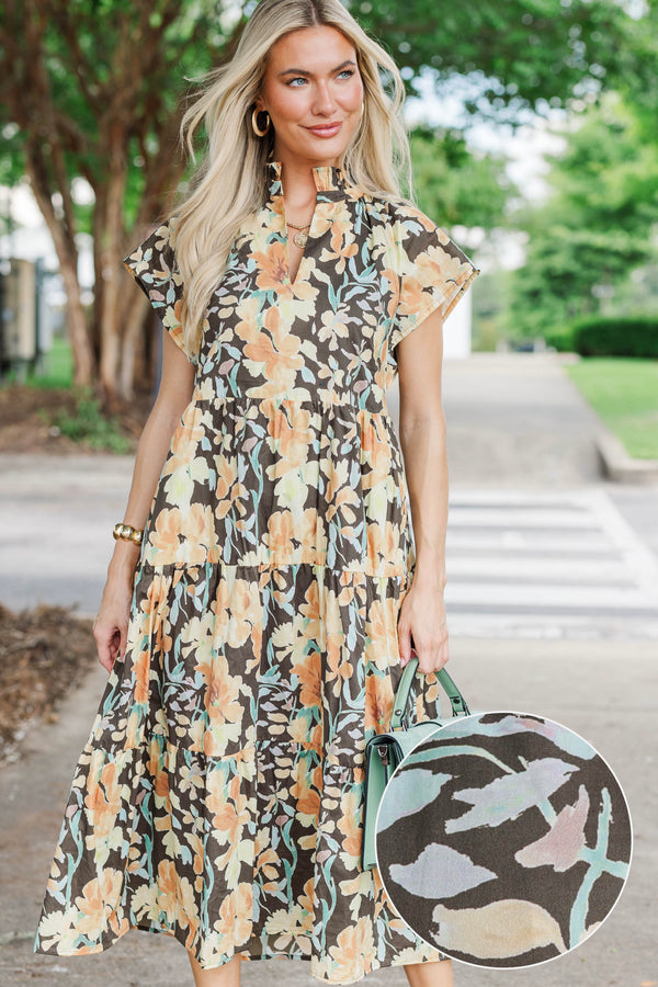 In Your Dreams Brown Floral Print Midi Dress