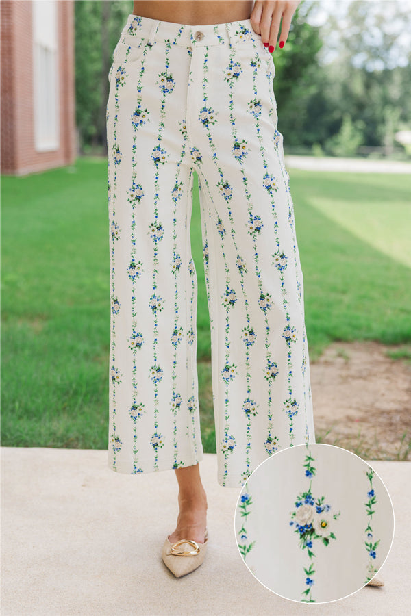 Quietly Pretty Cream Ditsy Floral Wide Leg Jeans