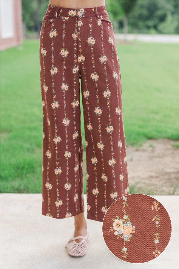 Quietly Pretty Brown Ditsy Floral Wide Leg Jeans