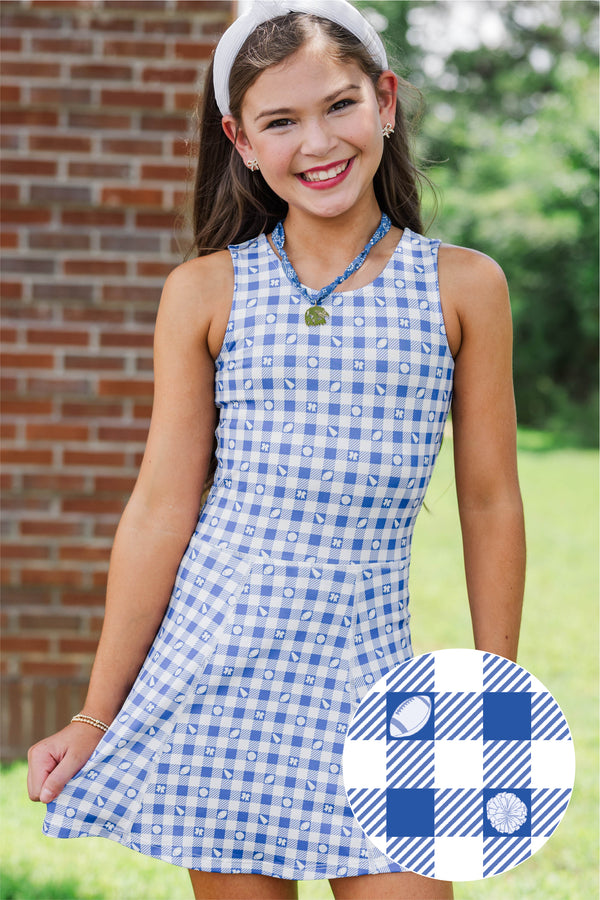 Girls: Cheer Louder Royal Blue Checkered Athletic Dress
