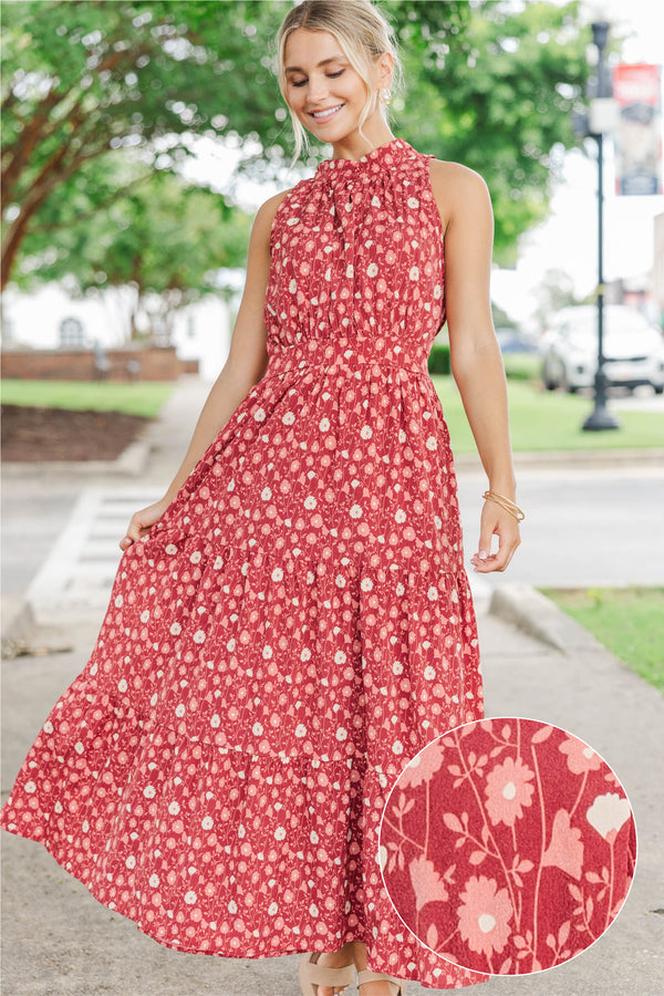 Fresh Focus Burgundy Floral Maxi Dress