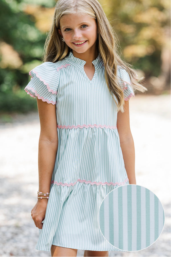 Girls: Come For It Green Striped Trim Babydoll Dress