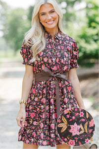 Weekend Club Brown Floral Smocked Dress