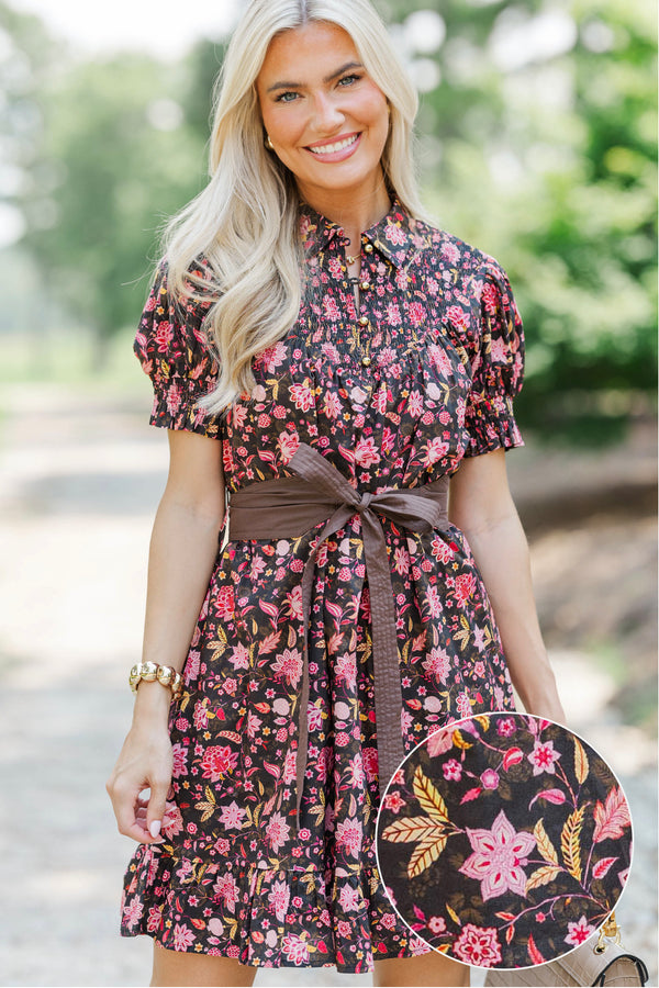 Weekend Club Brown Floral Smocked Dress