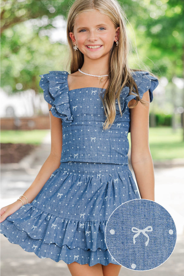 Girls: Purely Me Navy Polka Dot Scallop Edge Top