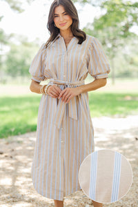 She's In Charge Taupe Striped Midi Dress
