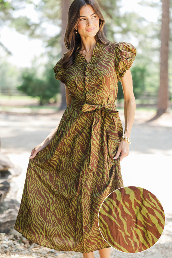 First Signs Of Fall Olive Zebra Midi Dress
