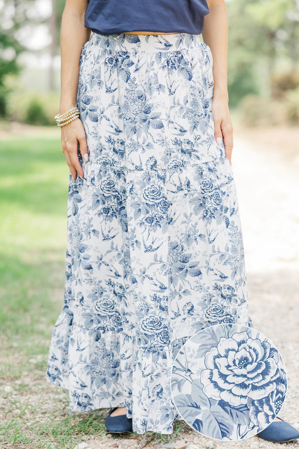 Gathered Together Navy Toile Maxi Skirt