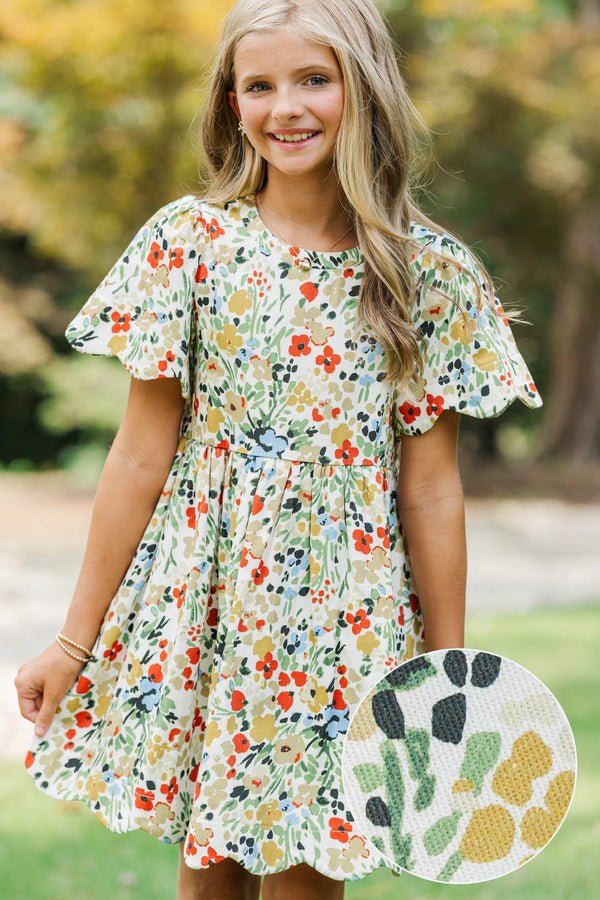 Girls: Time Goes By Cream Floral Scalloped Dress