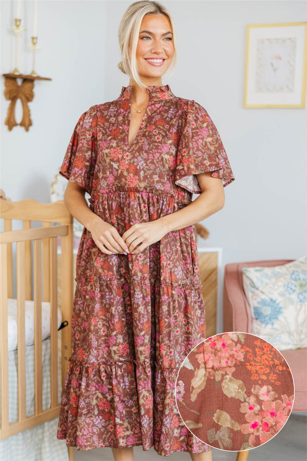 NURSING COLLECTION: Feeling Your Best Brown Floral Midi Dress