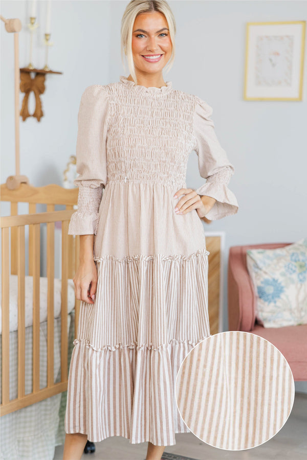 NURSING COLLECTION: Back To You Brown Striped Midi Dress