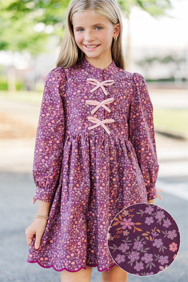 Girls: Just Like Me Plum Ditsy Floral Scalloped Dress