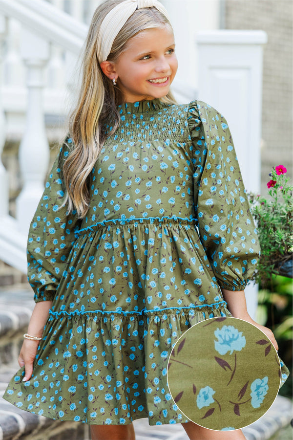 Girls: The Mariana Olive Floral Babydoll Dress