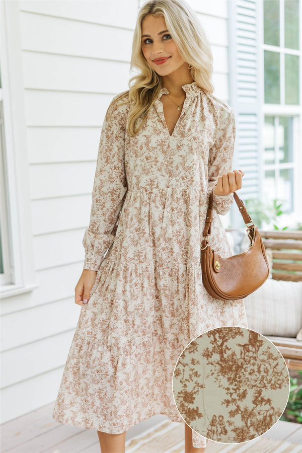 In Your Dreams Brown Toile L/S Midi Dress