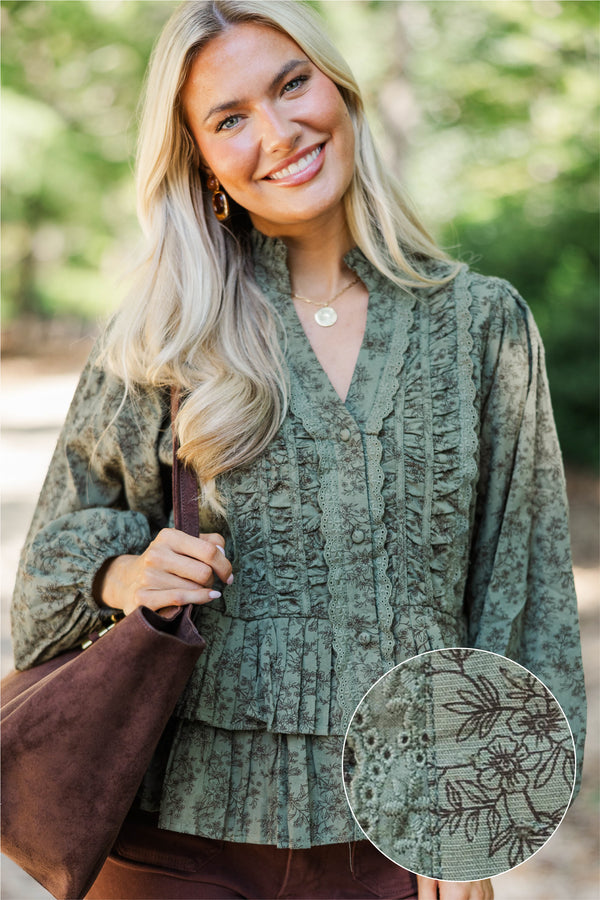 Heirloom Style Olive Floral Ruffle Blouse