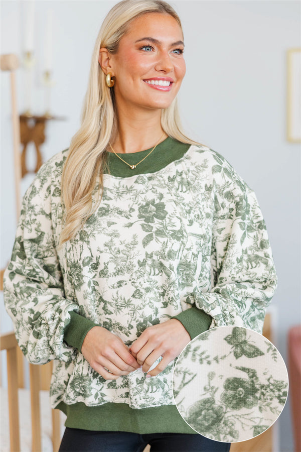 NURSING COLLECTION: Easy Morning Olive Toile Mock Neck Sweatshirt