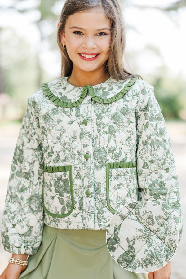 Girls: Complete The Look Quilted Olive Toile Jacket