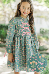Girls: The Baileigh Sage Green Bow Print Dress
