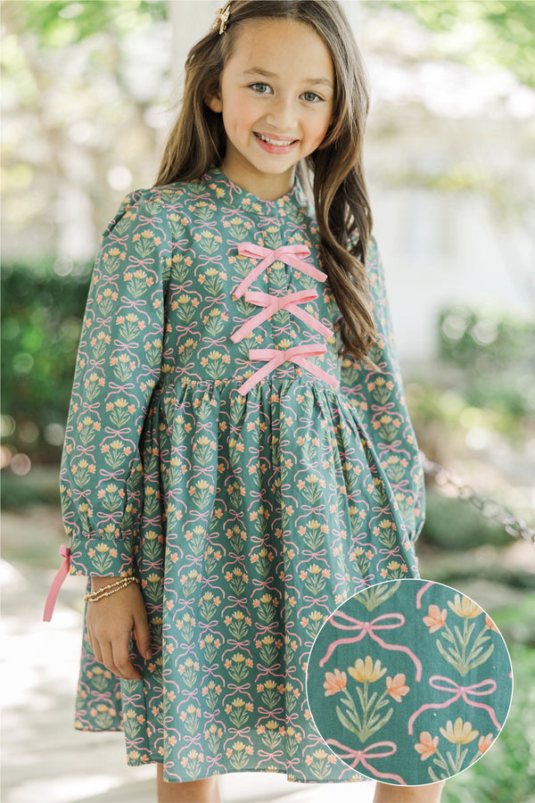 Girls: The Baileigh Sage Green Bow Print Dress