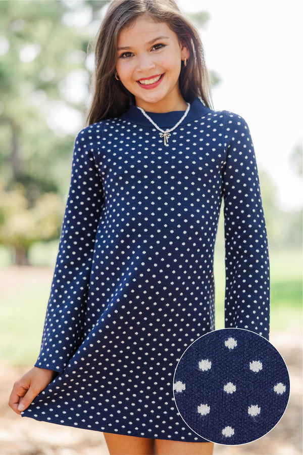 Girls: Softly Styled Navy Polka Dot Knit Dress