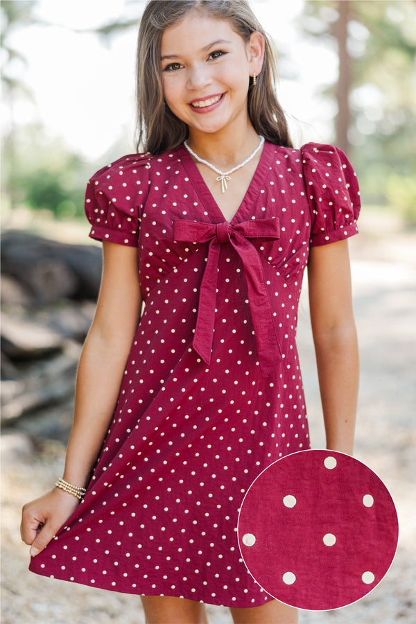 Girls: Original Charm Burgundy Polka Dot Dress