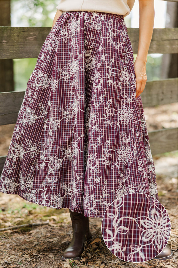 Must Be Nice Burgundy Plaid Midi Skirt