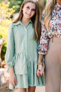 Girls: It's Your Place Light Olive Green Corduroy Button Down Dress