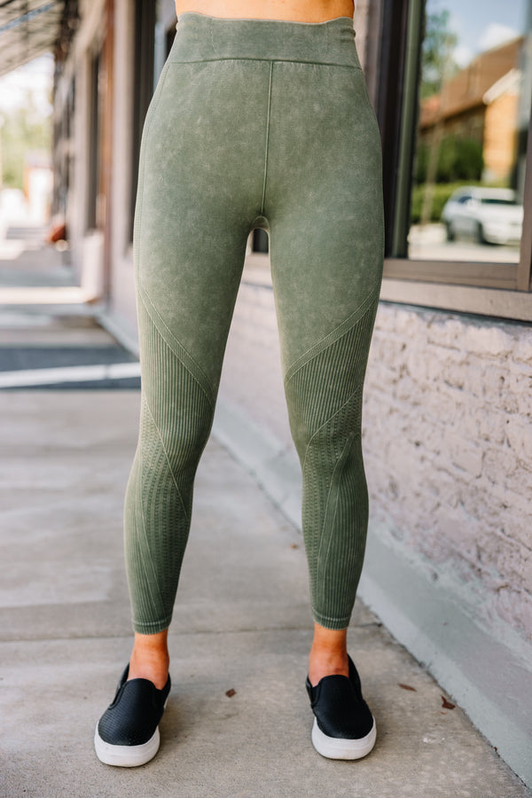 Trendy Olive Green Ribbed Leggings - High Waist Leggings – Shop