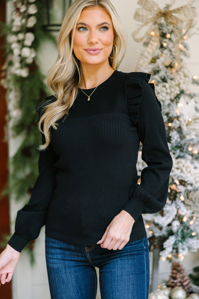 Feminine Black Ruffled Sweater - Trendy Women's Sweaters – Shop the Mint