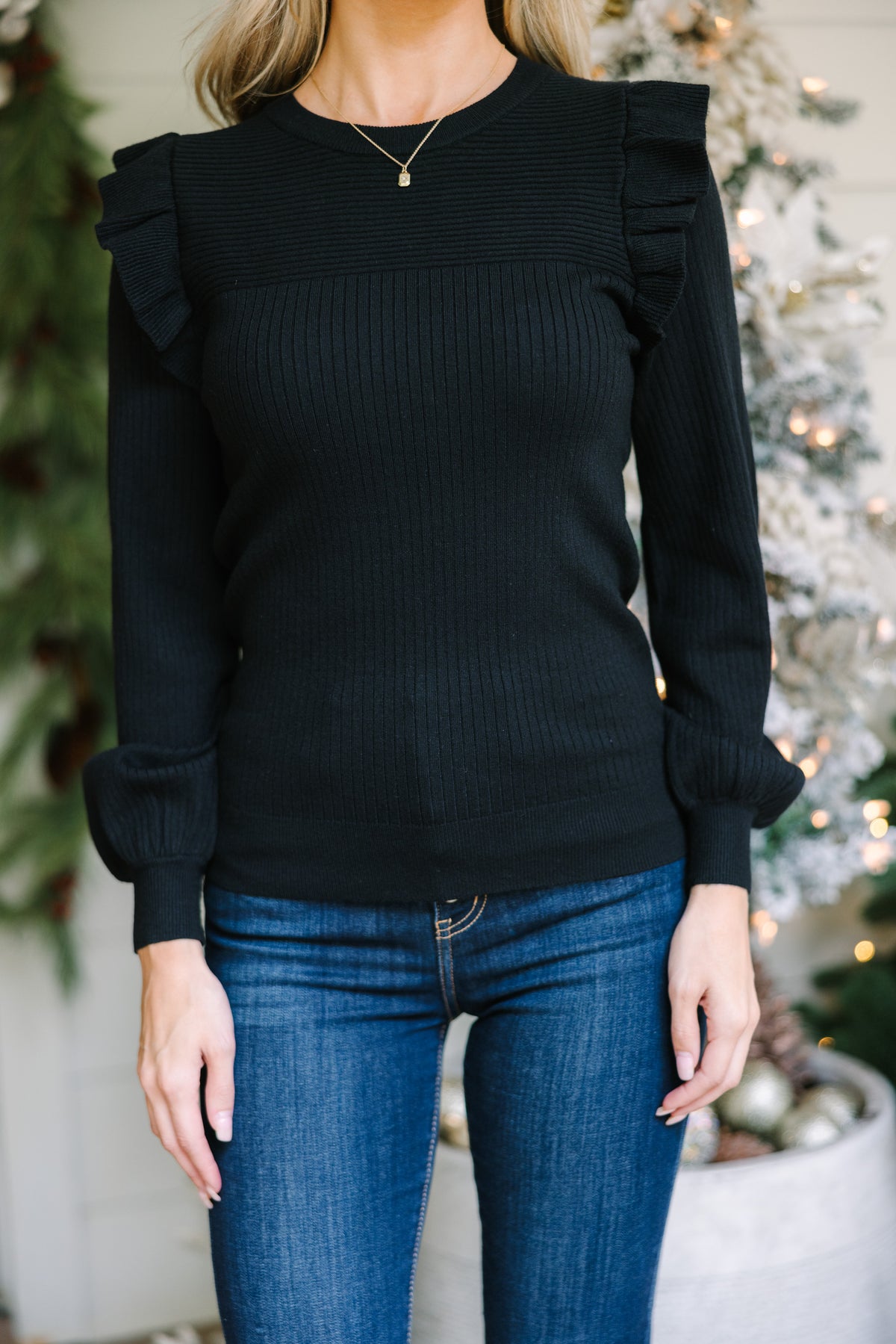 Sweaters With Ruffle Bottom Feminine Black Ruffled Sweater - Trendy Women's Sweaters – Shop the Mint