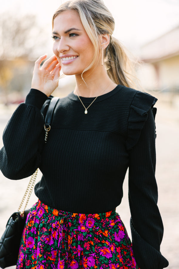Feminine Black Ruffled Sweater - Trendy Women's Sweaters – Shop