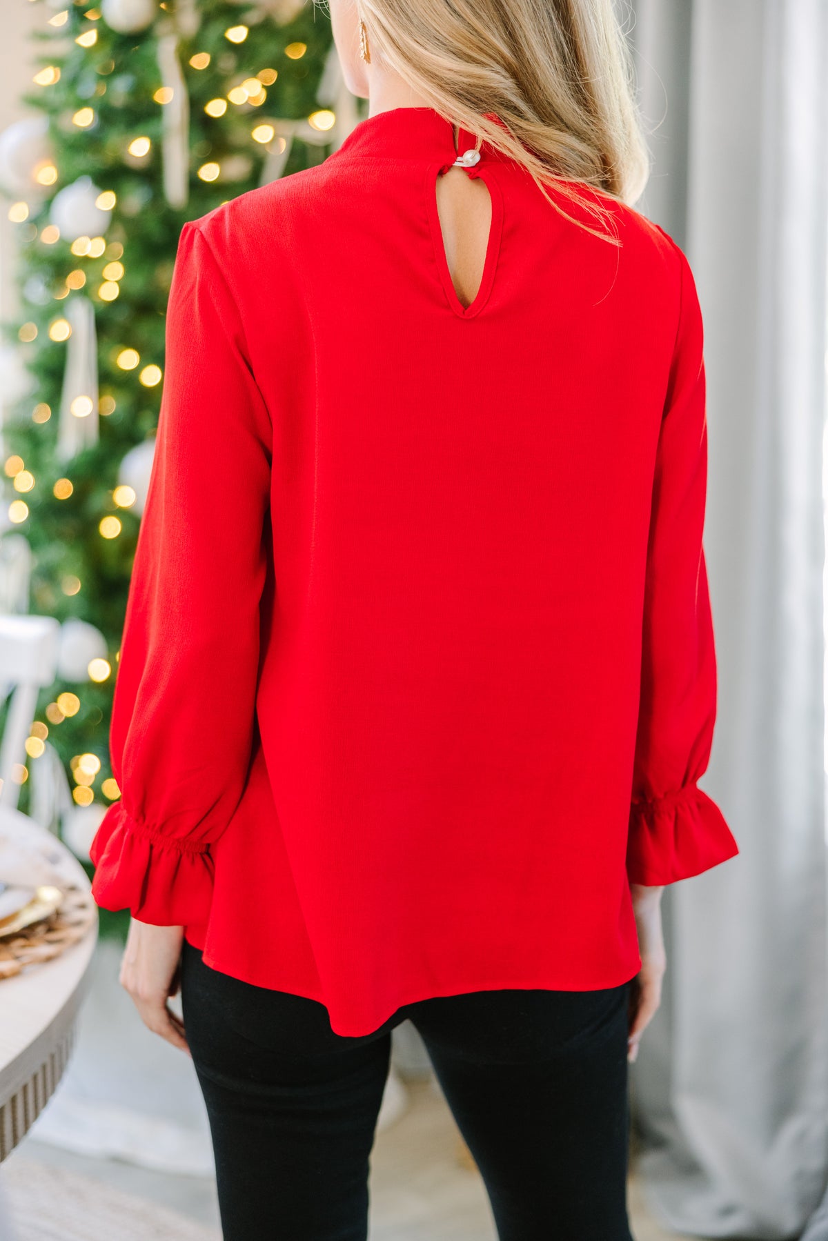 ladies red dress blouses JSKUMAR Women's Lace Dressy Tops Long Sleeve Square Neck Solid Tunic Shirts Hollow Out Elegant Ladies Pullover Blouses Red,M, Size: Medium