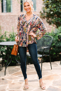 Waiting On Love Navy and Rust 3/4 Sleeve Floral Top
