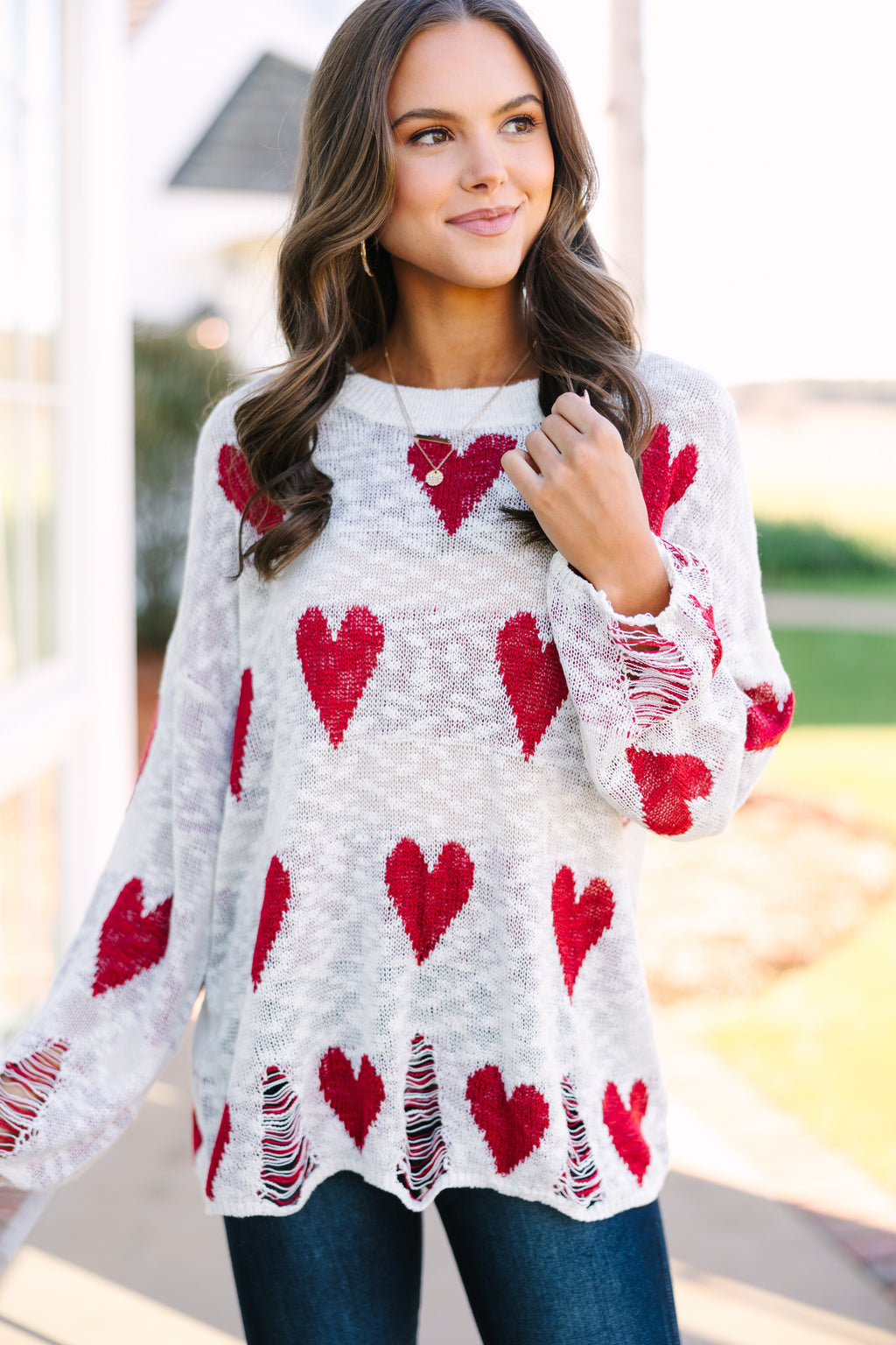Bold Ivory White Heart Print Sweater - Valentine's Day Sweaters