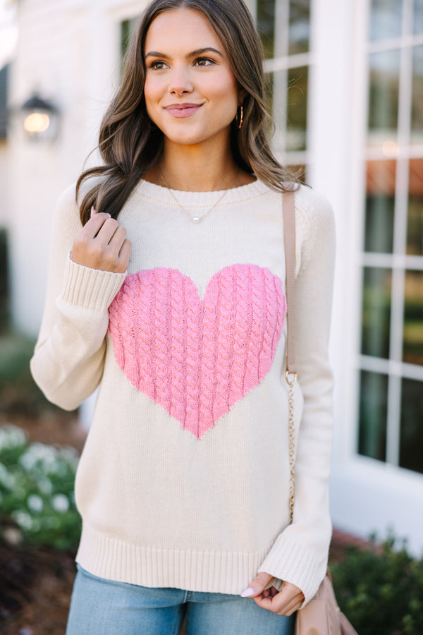 Precious Oatmeal and Pink Heart Sweater - Cute Women's Sweaters