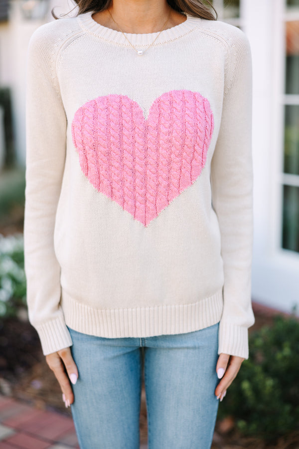 Precious Oatmeal and Pink Heart Sweater - Cute Women's Sweaters – Shop ...