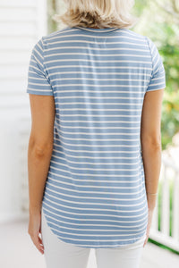 Let's Meet Later Light Blue and Ivory Striped Top
