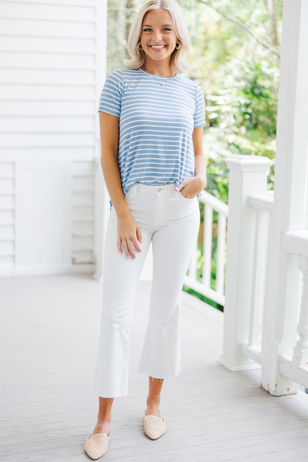 Casual Light Blue and Ivory Striped Top - Basic Women's Tops – Shop the ...