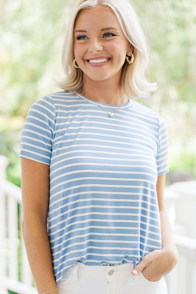 Casual Light Blue and Ivory Striped Top - Basic Women's Tops