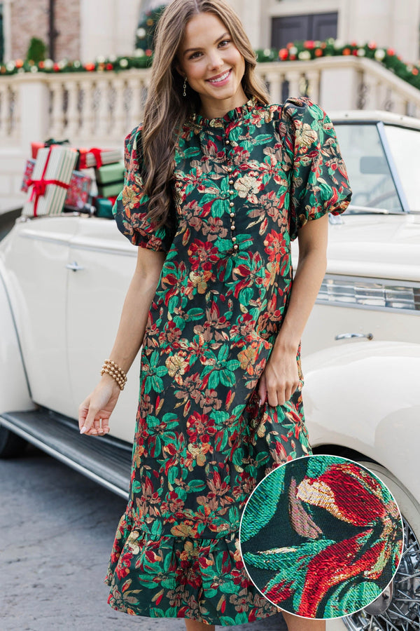 See The Light Emerald Floral Brocade Midi Dress