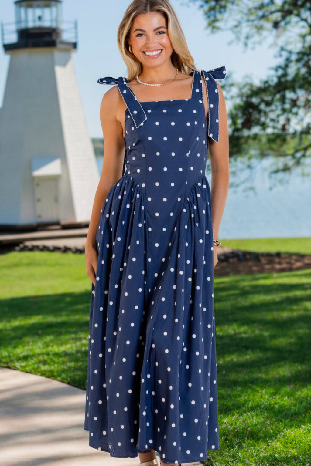 Evening Allure Navy Polka Dot Maxi Dress – Shop the Mint