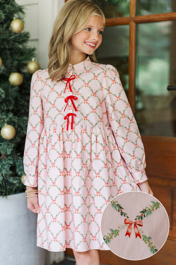 Girls: The Baileigh Pink Bow Print Dress